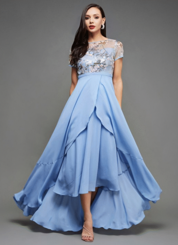 Women Embellished Round Neck Short Sleeves Maxi Dress