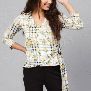 Women White & Yellow Checked Wrap Top