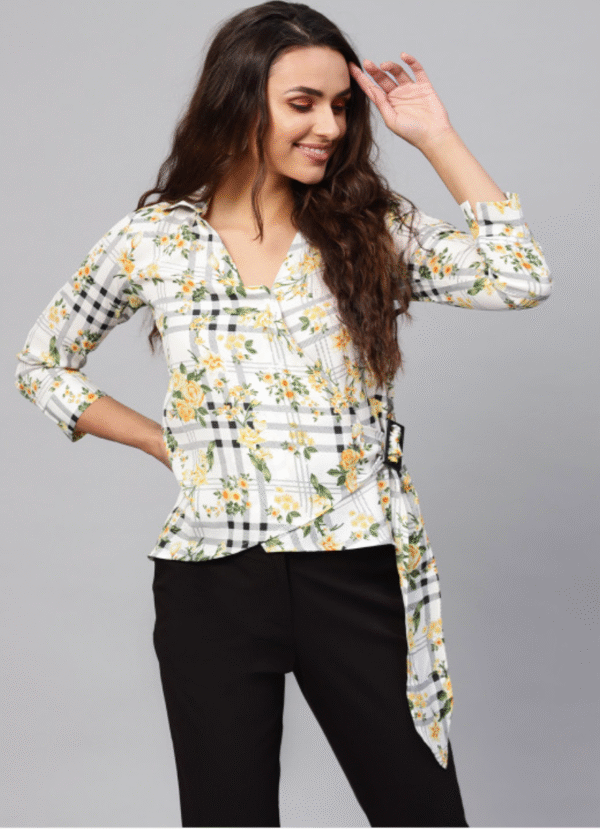 Women White & Yellow Checked Wrap Top